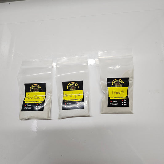 NATURAL GEMSTONE POWDERS 6OZ - ROSE QUARTZ, AMETHYST, CLEAR QUARTZ