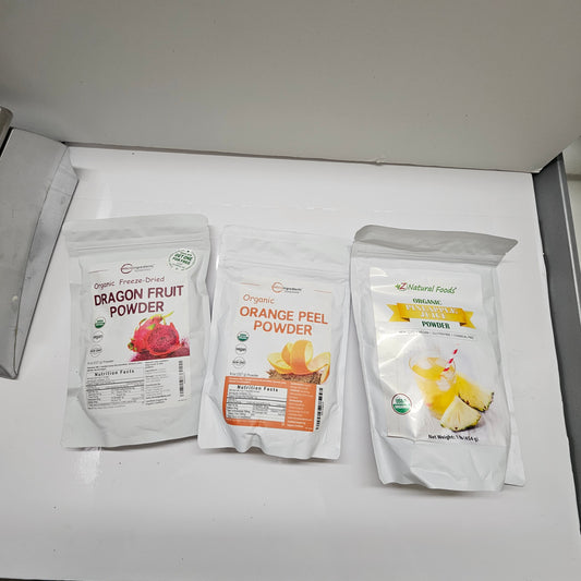 3 NATURAL DRAGONFRUIT, ORANGE, PINEAPPLE FRUIT POWDERS - ALL UNOPENED